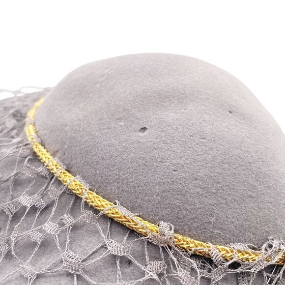 Vintage 1940s New York Creation Mushroom Veil Hat Gray Felted Wool Gold Trim - Picture 8 of 16